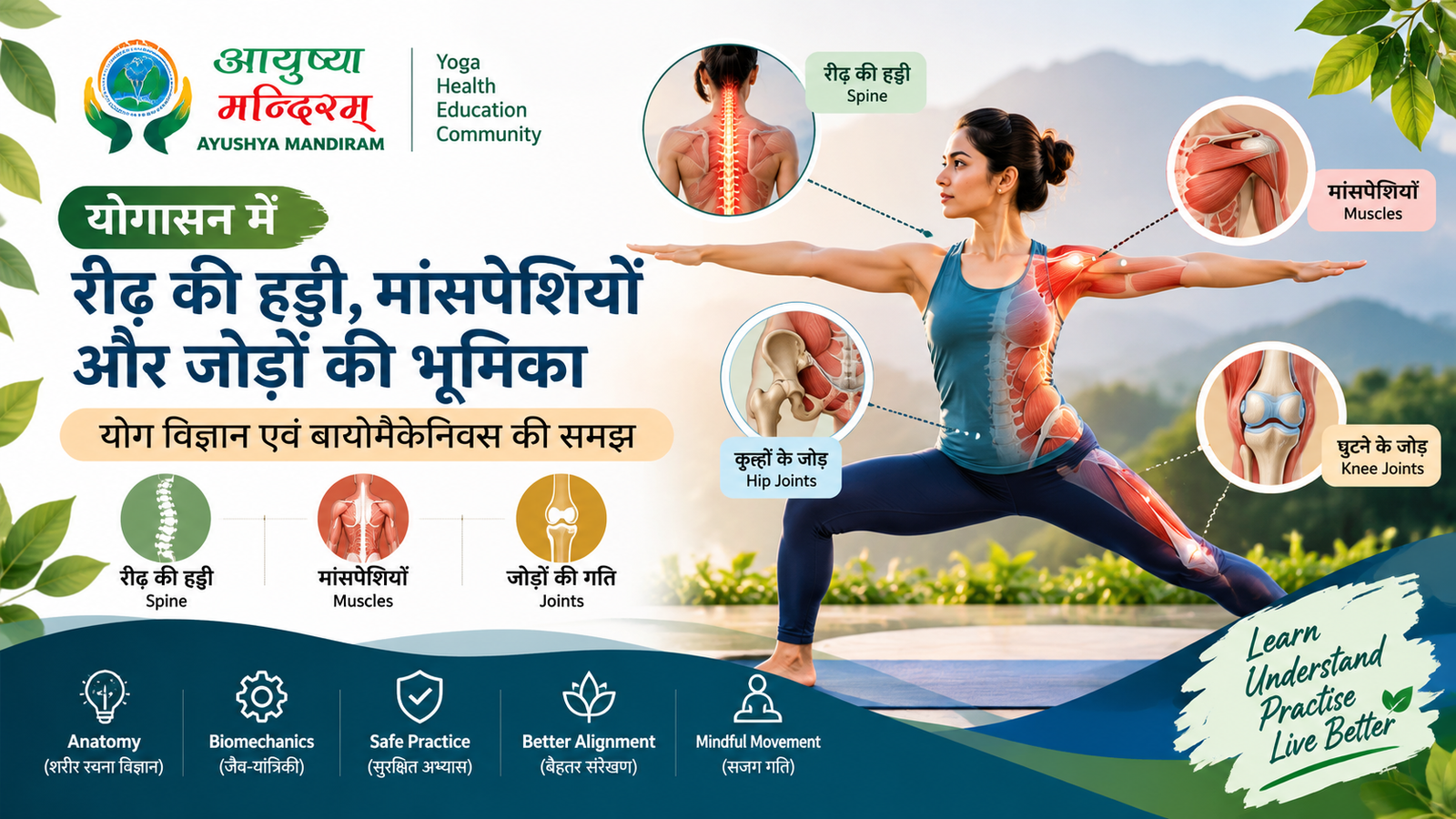 योगासन में रीढ़ की हड्डी, मांसपेशियों, जोड़ों और शरीर के सही संरेखण को दर्शाता चित्र।