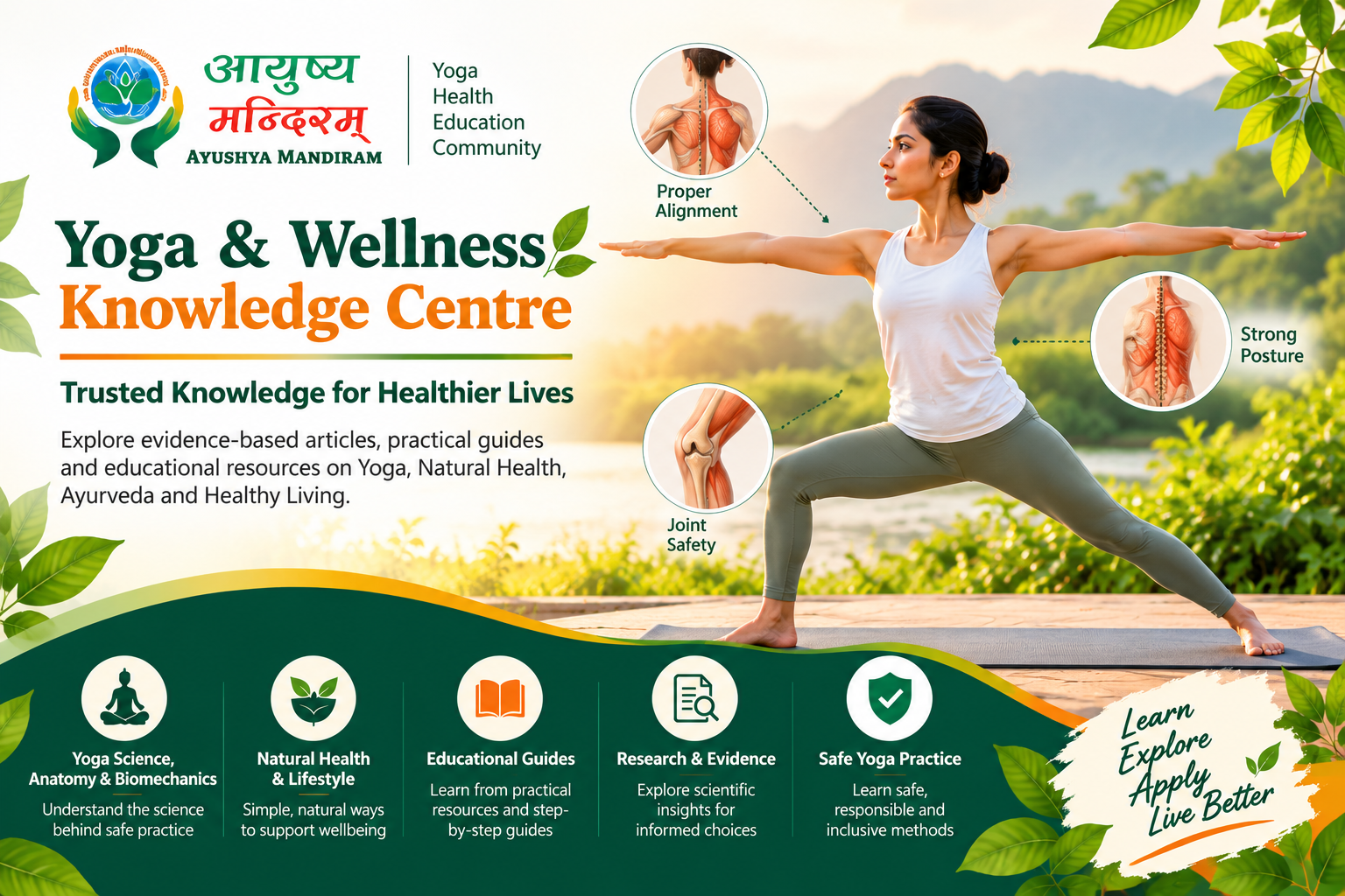 Woman practising Warrior II yoga pose with correct body alignment, posture and joint safety